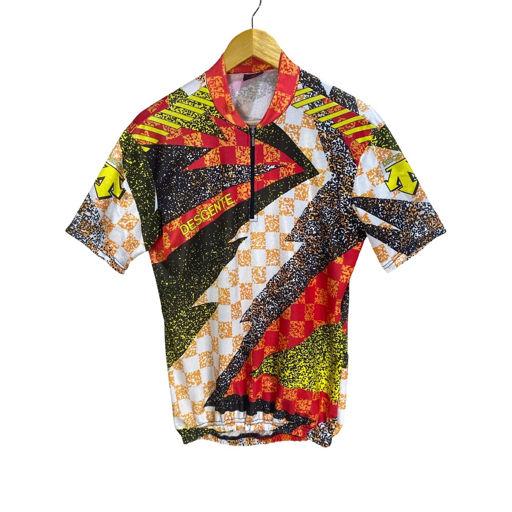 Descente Vintage Cycling Jersey Mens Large Geometric Checkered 1/4 Zip Multi